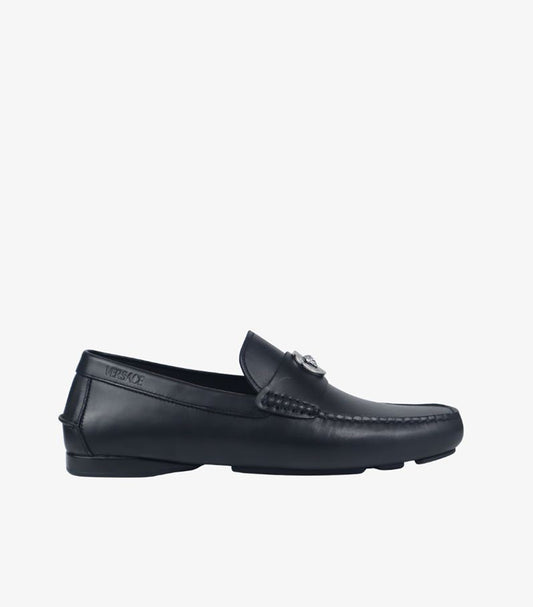 VERSACE MEDUSA LEATHER DRIVE SHOE IN BLACK CALF LEATHER