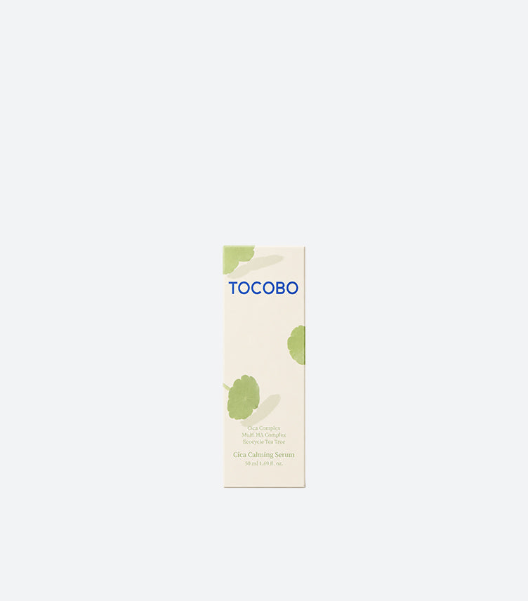 TOCOBO Cica Calming Serum 50ml Box with Centella Cica Complex Multi HA Complex and Ecocycle Tea Tree — Korean K-Beauty Soothing Face Serum in Eco-Friendly Cream Packaging with Botanical Leaf Print