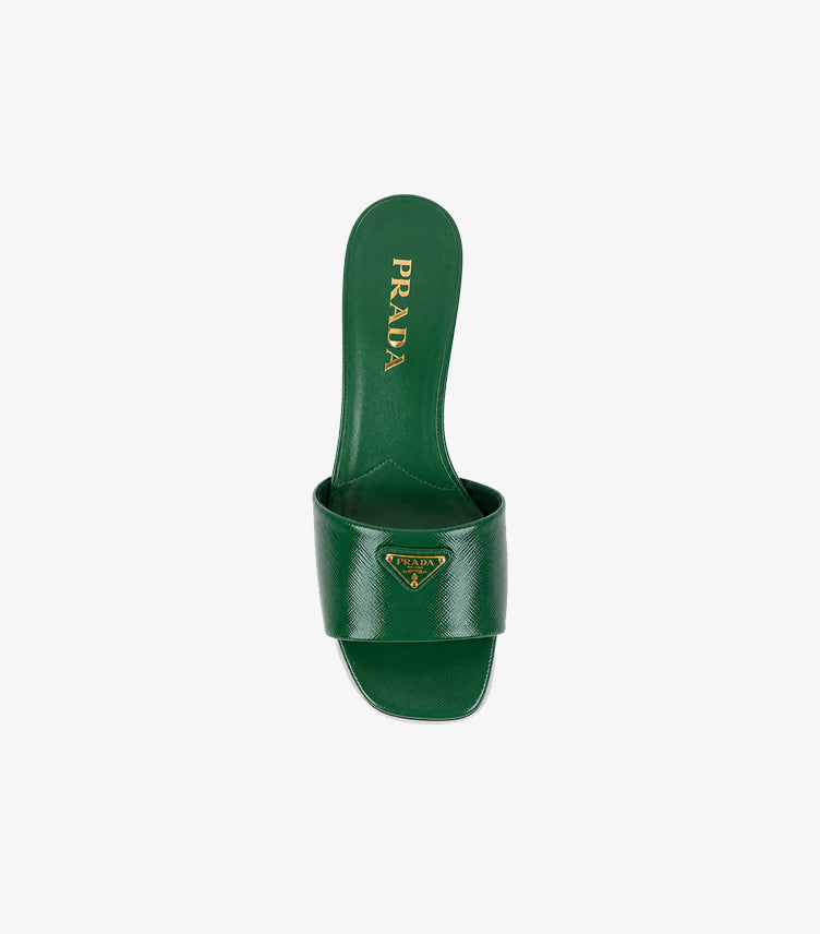 PRADA EMERALD PATENT LEATHER MULE HEELS