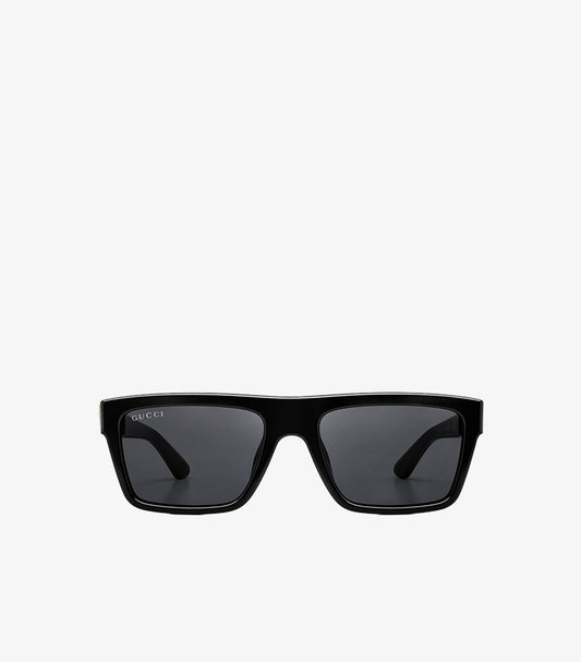 Front view of Gucci black rectangular sunglasses with dark tinted lenses and a structured full-rim frame