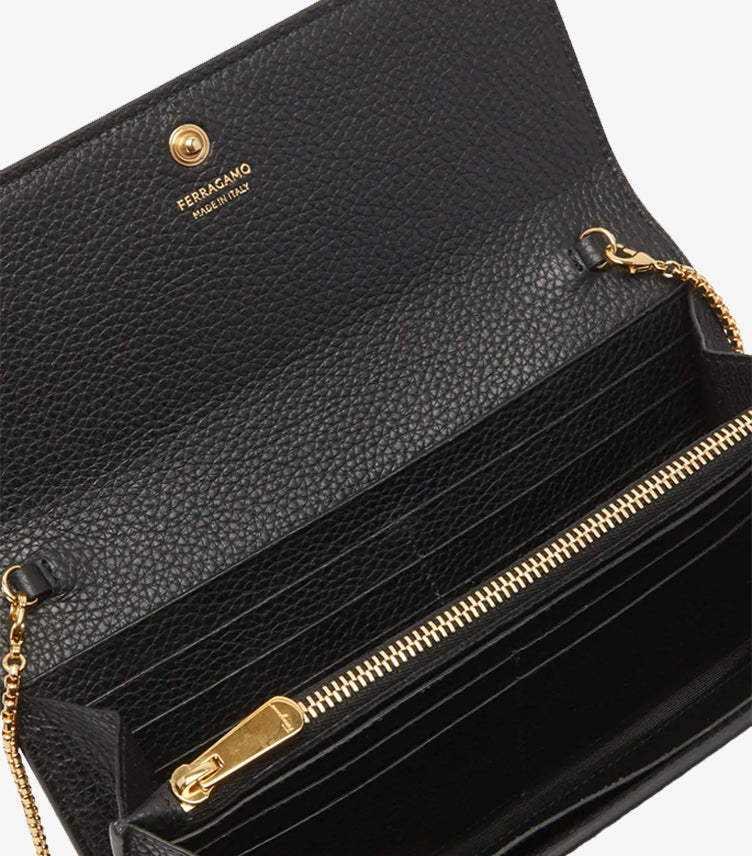 FERRAGAMO GANCINO FLAP LEATHER CLUTCH ON CHAIN