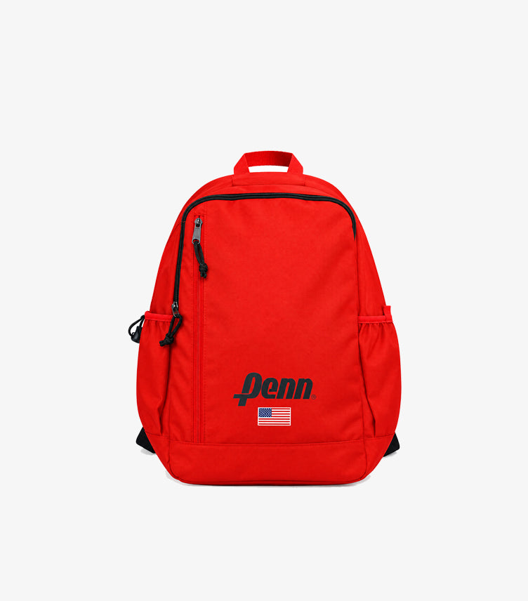 Front view of Primark Penn red logo backpack with multiple zip compartments, side pockets and top carry handle