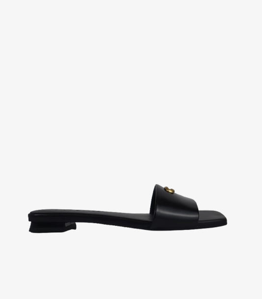 COACH WOMEN’S BLACK LEATHER SLIDE SANDALS WITH SIGNATURE C LOGO