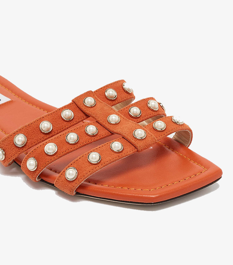 JIMMY CHOO WOMEN’S PEARL-STUDDED ORANGE SLIDES