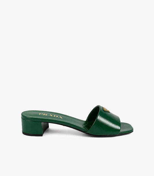 PRADA EMERALD PATENT LEATHER MULE HEELS