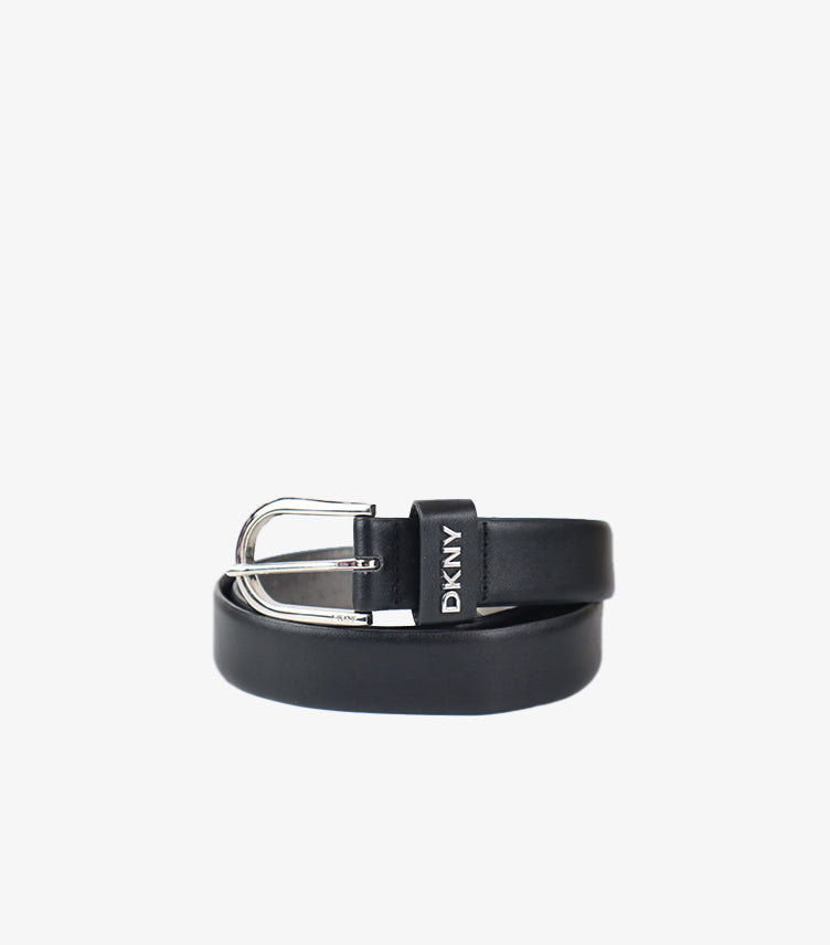 DKNY MEN’S BLACK LEATHER BELT WITH LOGO LOOP & SILVER BUCKLE