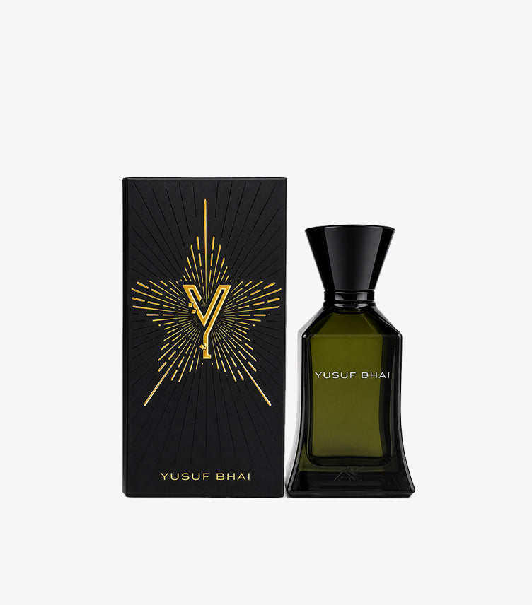 Yusuf Bhai Luxury Eau De Parfum perfume bottle with premium black and gold gift box on white background