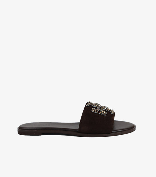 TORY BURCH EMBELLISHED LOGO SLIDE SANDALS – BROWN