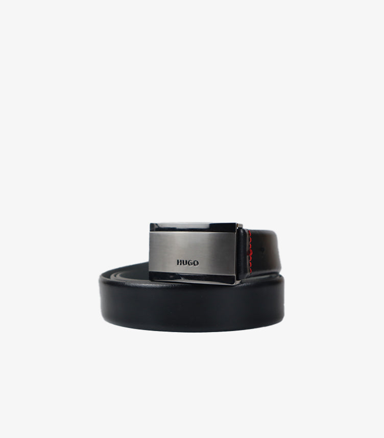 HUGO BOSS MEN’S BLACK LEATHER BELT WITH BRUSHED METAL BUCKLE