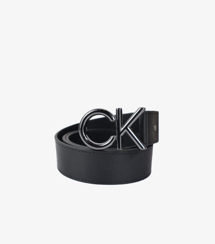 CALVIN KLEIN MEN’S BLACK LEATHER BELT WITH CK LOGO BUCKLE
