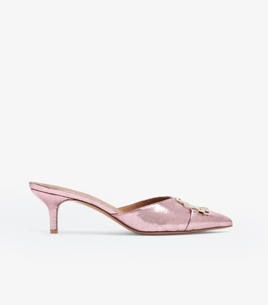 MALONE SOULIERS MISSY 85MM MULES IN CRACKED MIRROR LEATHER