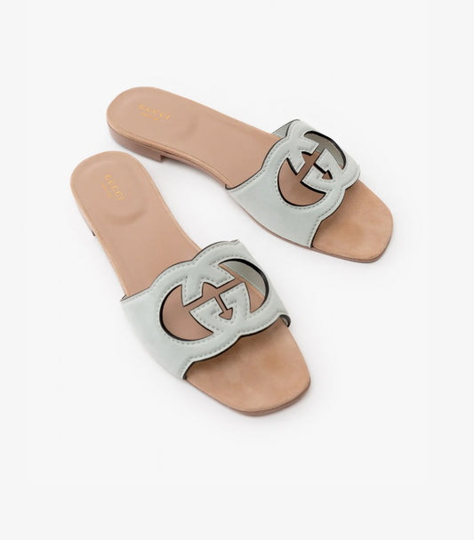 GUCCI SAGE SUEDE INTERLOCKING G SLIDE SANDALS