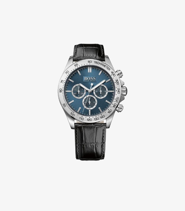 HUGO BOSS QUARTZ BLACK LEATHER STRAP BLUE DIAL 44MM WATCH 1513176