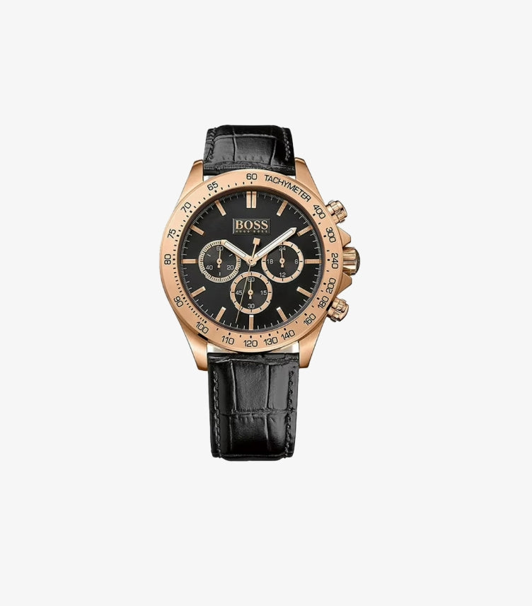 HUGO BOSS IKON ROSE GOLD BLACK LEATHER WATCH 1513179