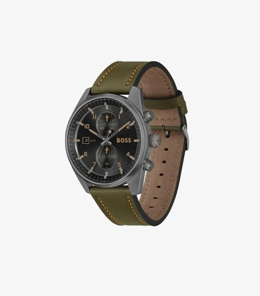 HUGO BOSS SKYTRAVELLER QTZ FASHION CHRONO BLACK SUNRAY ROUND DIAL WATCH 1514148