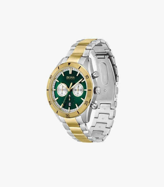 HUGO BOSS SANTIAGO TOW-TONE STAINLESS STEEL GREEN DIAL CHRONOGRAPH WATCH 1513872