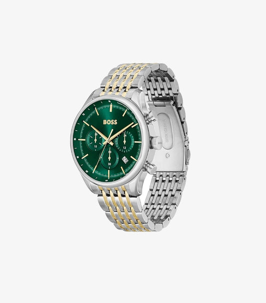HUGO BOSS QTZ FASHION CHRONO GREEN ROUND DIAL SILVER STRAP WATCH 1514081