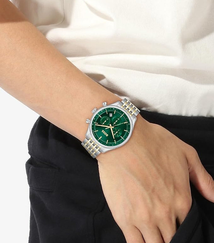 HUGO BOSS QTZ FASHION CHRONO GREEN ROUND DIAL SILVER STRAP WATCH 1514081