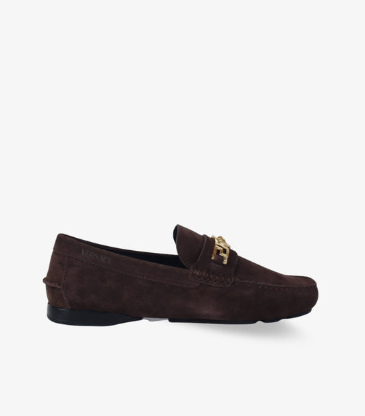 VERSACE SUEDE MEDUSA DRIVING LOAFERS
