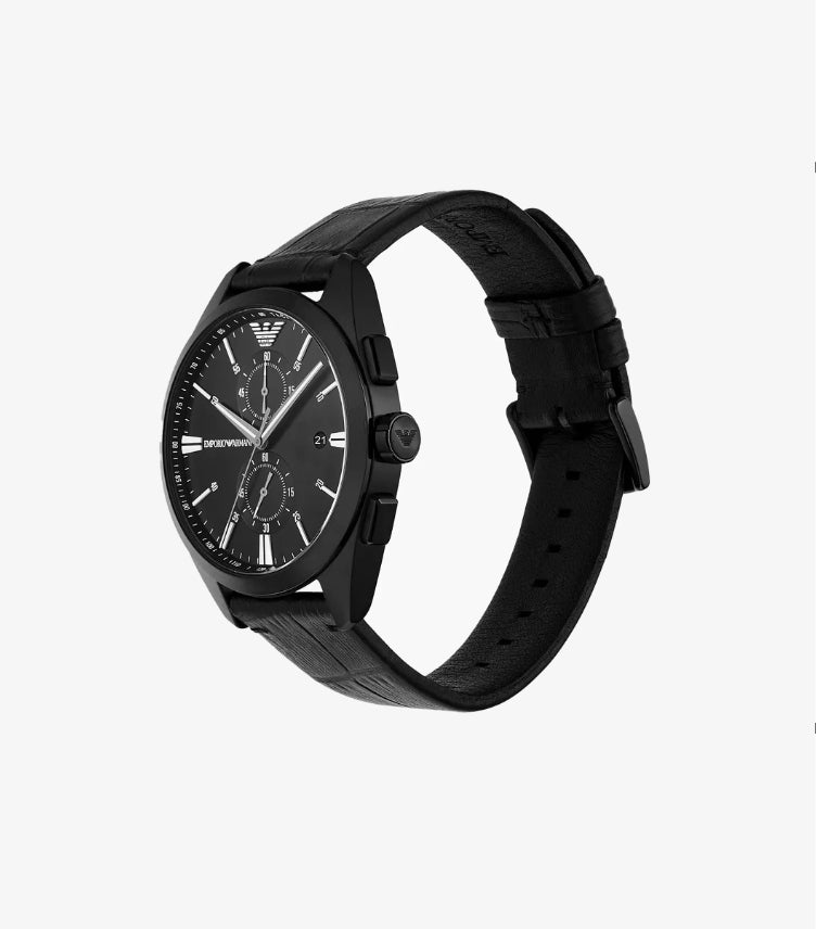 EMPORIO ARMANI QUARTZ BLACK LEATHER STRAP BLACK DIAL 43MM WATCH AR11483