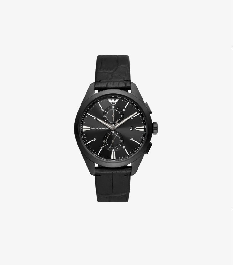 EMPORIO ARMANI QUARTZ BLACK LEATHER STRAP BLACK DIAL 43MM WATCH AR11483