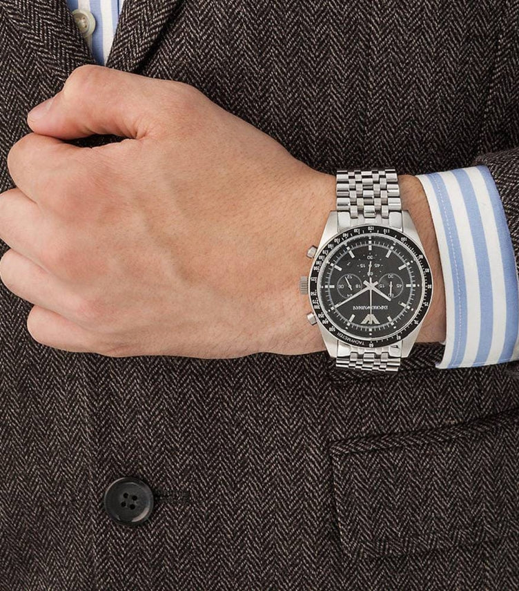 EMPORIO ARMANI CHRONOGRAPH QUARTZ STAINLESS STEEL BLACK DIAL WATCH AR5988