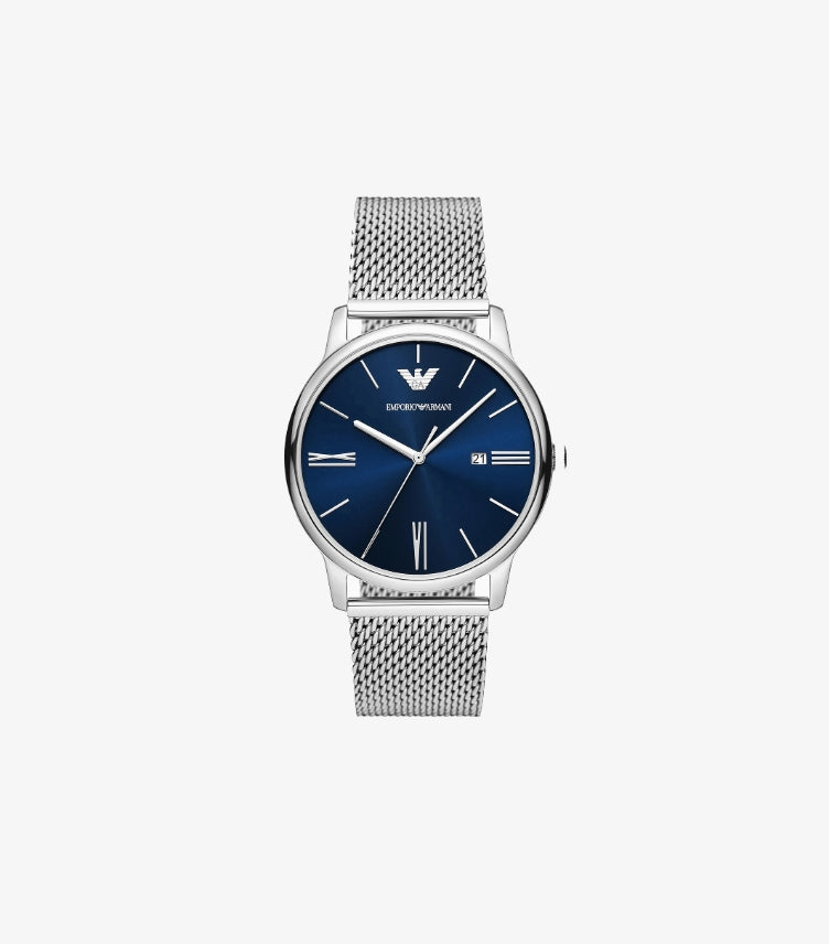 EMPORIO ARMANI THREE-HAND DATE STAINLESS STEEL MESH WATCH AR11571