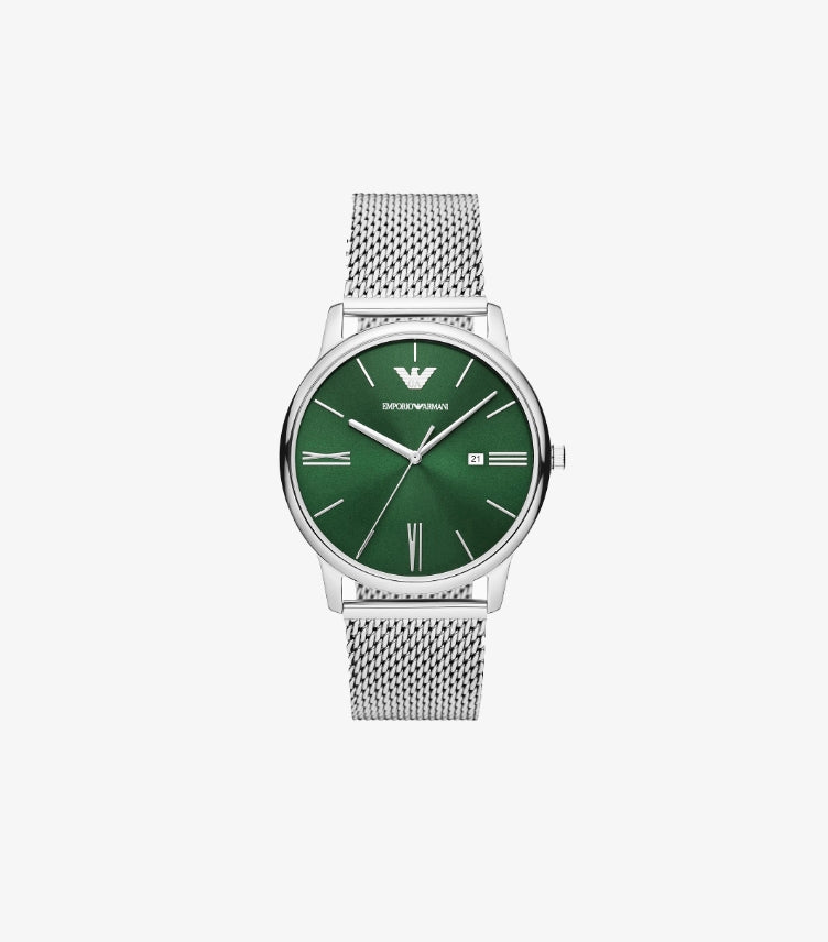 EMPORIO ARMANI THREE-HAND DATE STAINLESS STEEL MESH WATCH AR11578