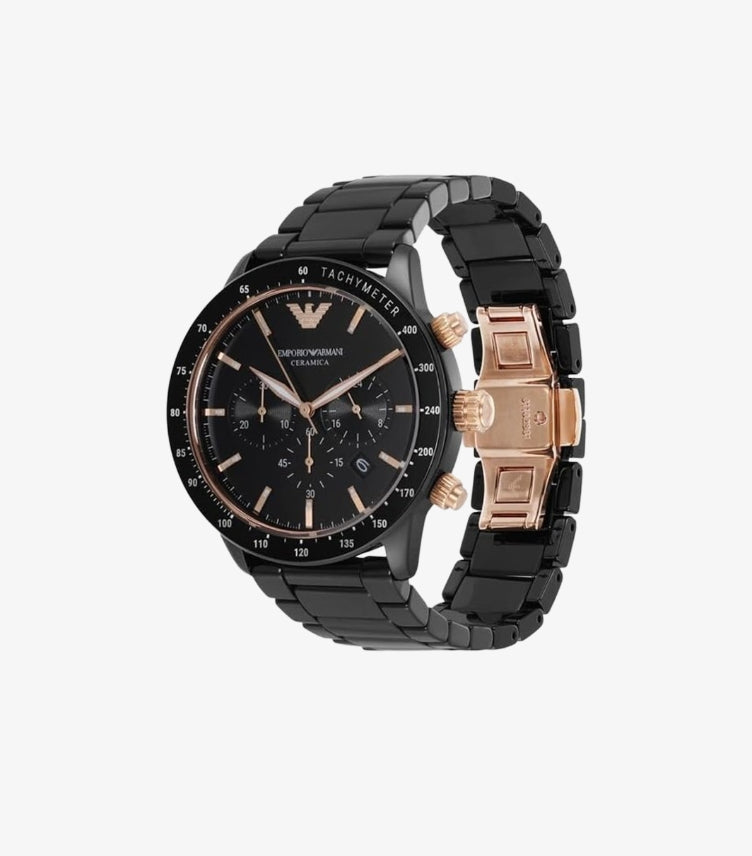 EMPORIO ARMANI QUARTZ CERAMIC BLACK DIAL WATCH AR70002