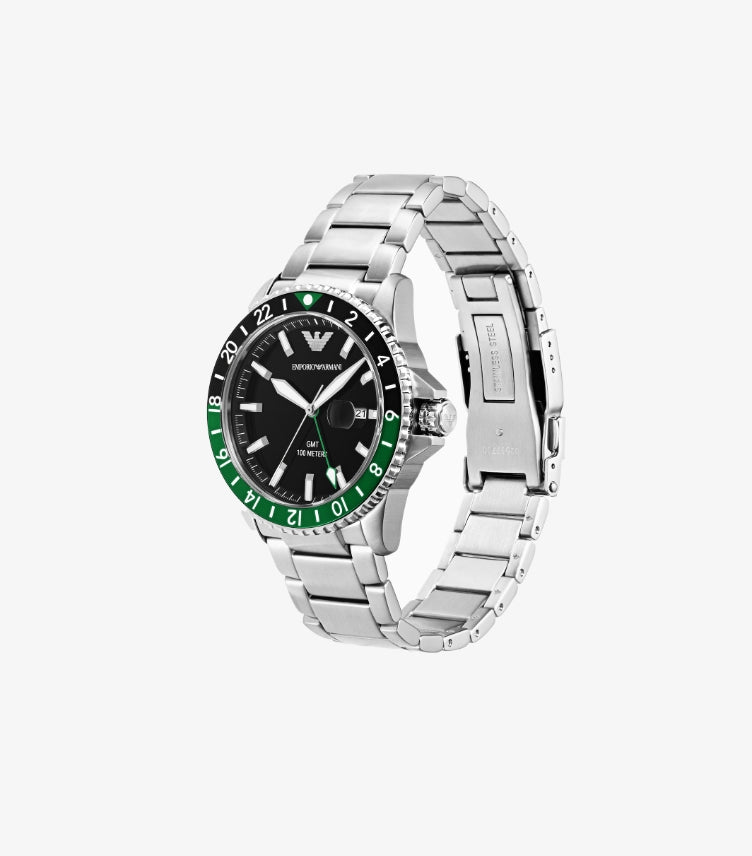 EMPORIO ARMANI WORLD EXPLORER GMT DUAL TIME STAINLESS STEEL WATCH AR11589