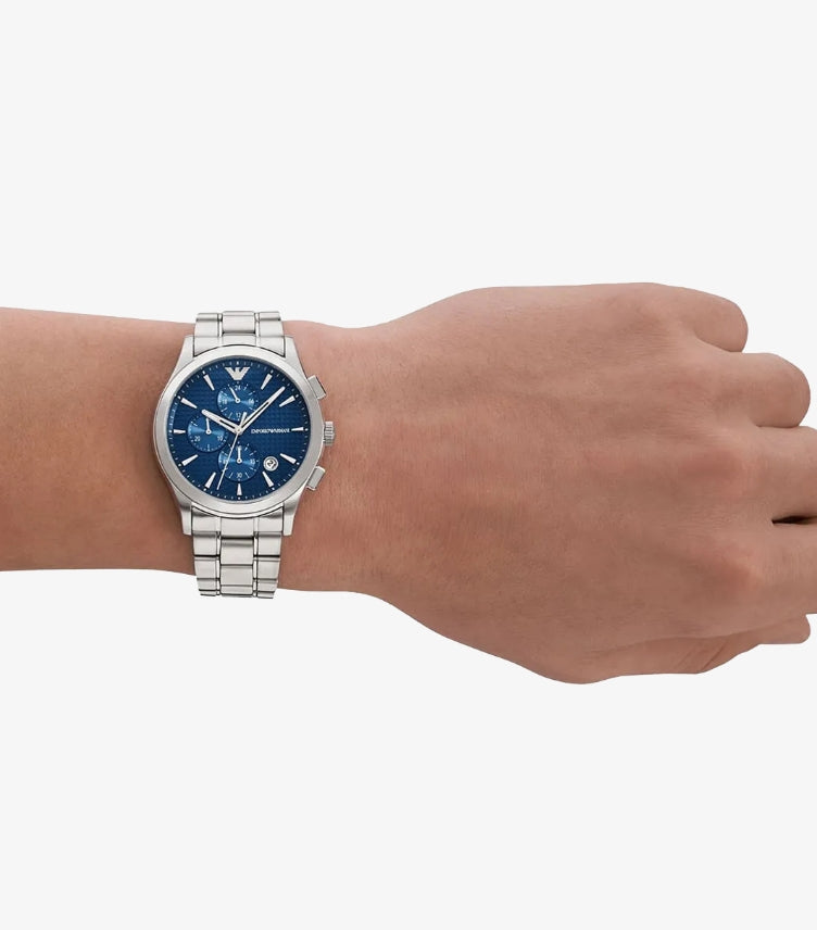 EMPORIO ARMANI QUARTZ SILVER STAINLESS STEEL BLUE DIAL WATCH AR11528