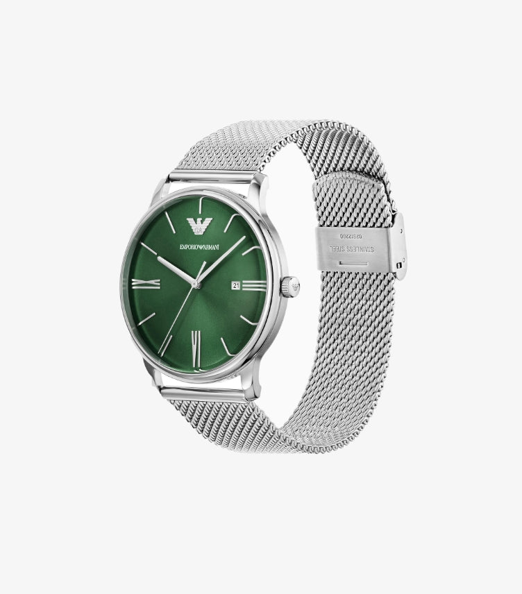 EMPORIO ARMANI THREE-HAND DATE STAINLESS STEEL MESH WATCH AR11578