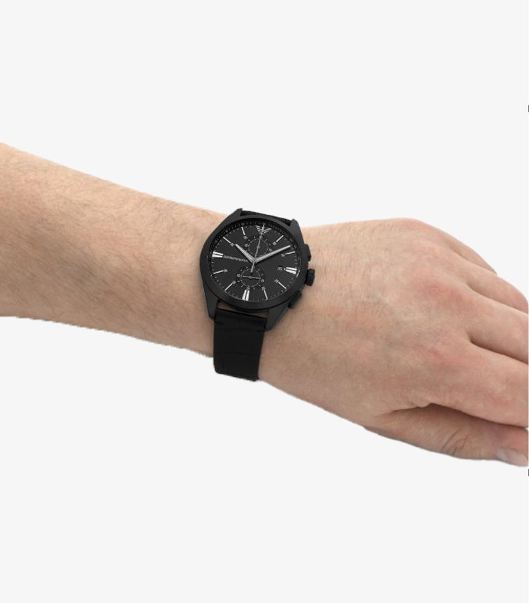 EMPORIO ARMANI QUARTZ BLACK LEATHER STRAP BLACK DIAL 43MM WATCH AR11483