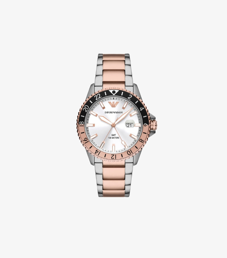 EMPORIO ARMANI GMT DUAL TIME TWO-TONE STAINLESS STEEL WATCH AR11591
