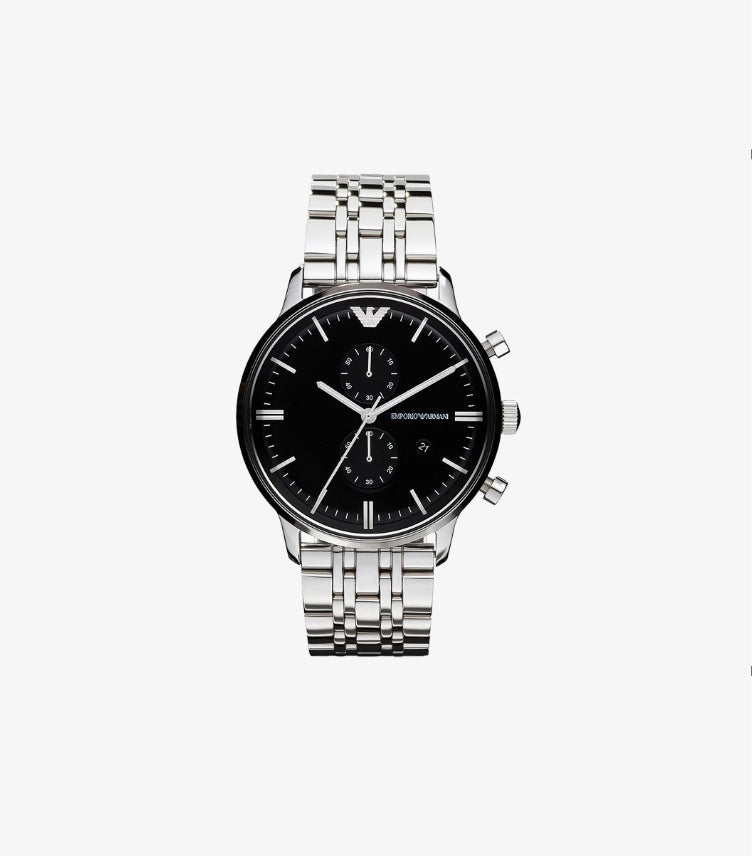 EMPORIO ARMANI MEN'S CLASSIC SILVER STAINLESS STEEL BLACK DIAL CHRONOGRAPH QUARTZ WATCH AR0389