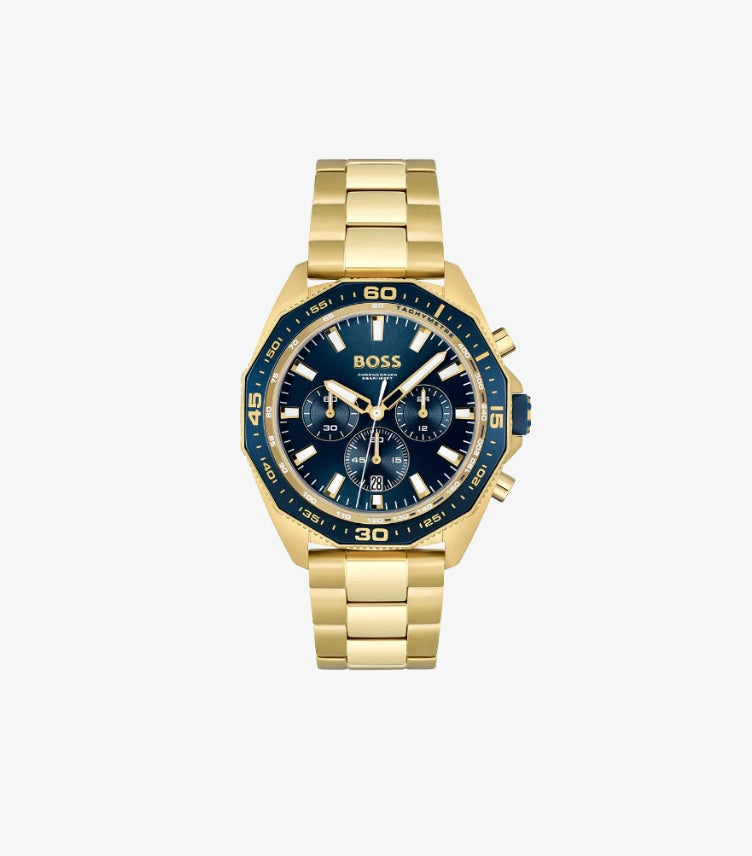 HUGO BOSS ENERGY GOLD STAINLESS STEEL BLUE DIAL CHRONOGRAPH QUARTZ WATCH 1513973