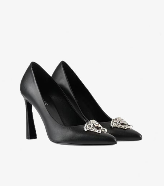VERSACE SILVER MEDUSA BLACK LEATHER HEELED PUMPS