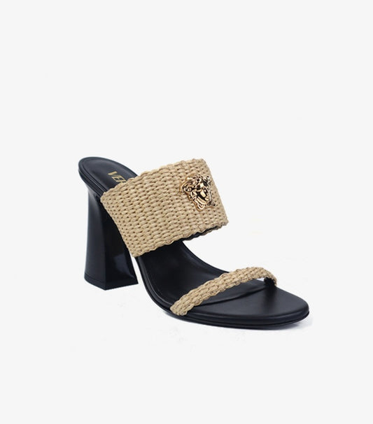 VERSACE VINTAGE EFFECT RAFFIA HIGH HEEL SANDALS