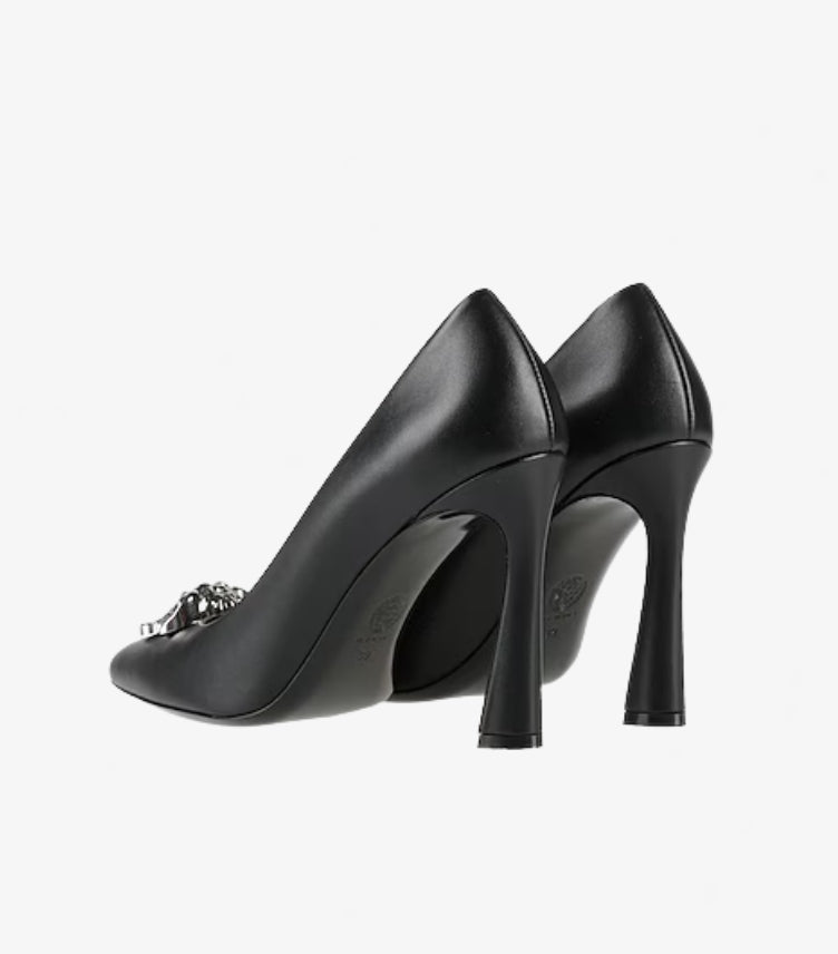 VERSACE SILVER MEDUSA BLACK LEATHER HEELED PUMPS