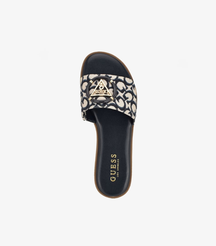 GUESS MAGNIFY FAUX-LEATHER BEACH SLIDES