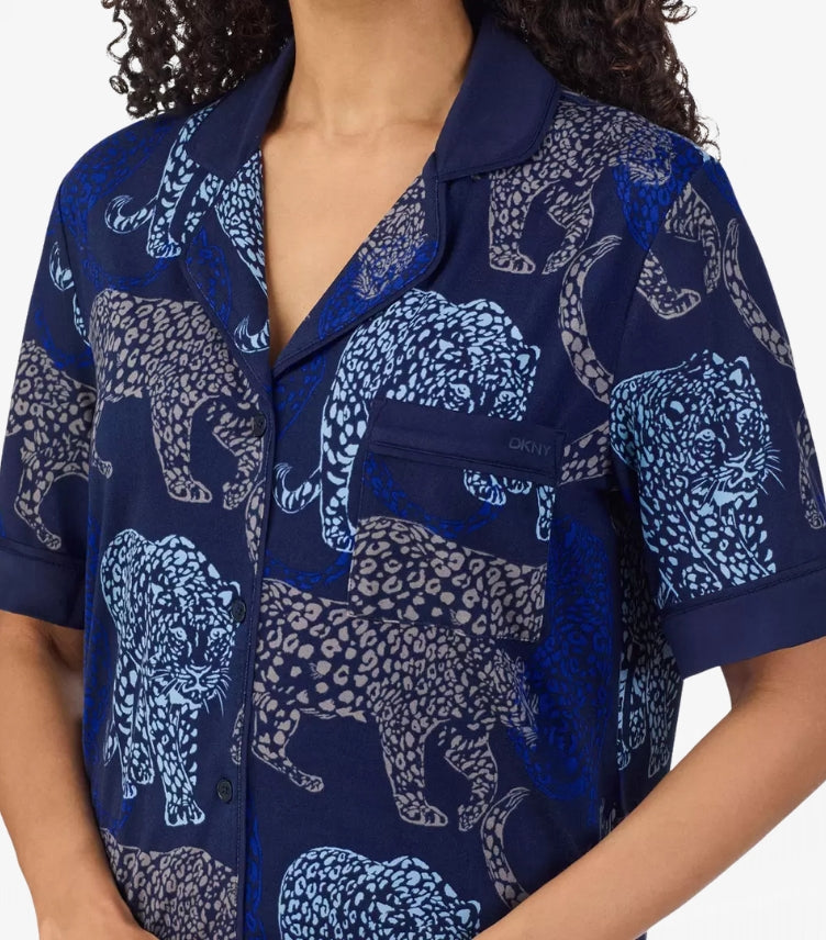 DKNY LADIES NOTCH COLLAR 03 PIECE PYJAMA SET IN ANIMAL PRINT