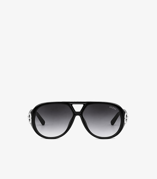 Front view of Guess women’s oversized black aviator sunglasses with grey gradient lenses and silver-tone G logo accents