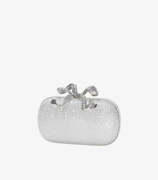 SELF-PORTRAIT RHINESTONE SILVER BOW CLUTCH BAG