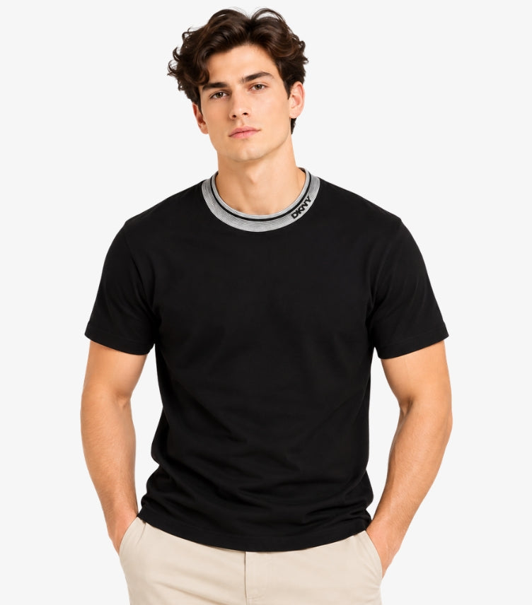 Man wearing a DKNY black short-sleeve T-shirt with a grey striped ribbed crew neck and logo detail