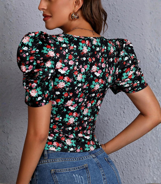 SHEIN PUFF SLEEVE SQUARE NECK PEASANT FLORAL BLOUSE TOP