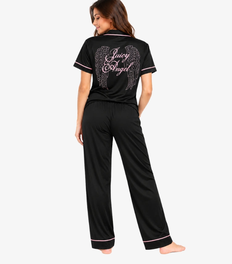 Back view of Juicy Couture women’s satin-effect pyjama set with large embellished Juicy Angel wings design