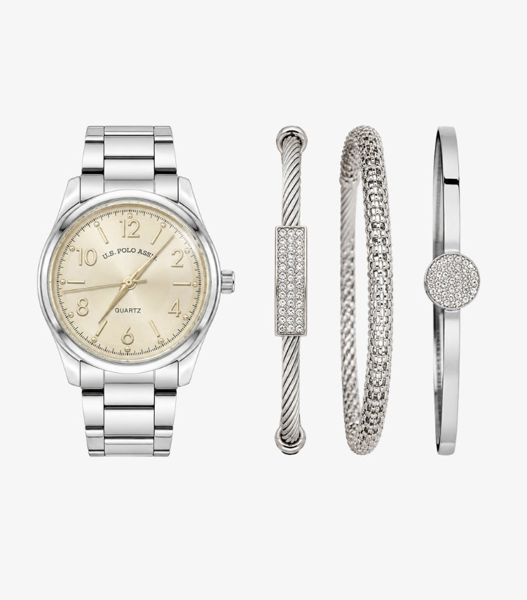 U.S. POLO ASSN. SILVER STAINLESS STEEL WATCH & BRACELET SET