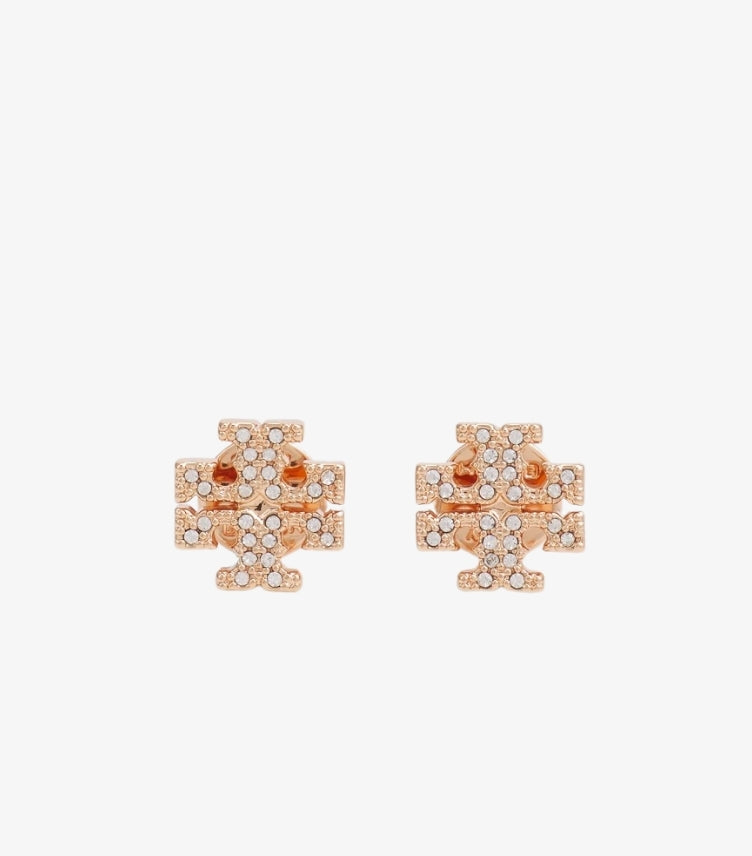 Front view of Tory Burch rose gold-tone Double T stud earrings embellished with clear crystals
