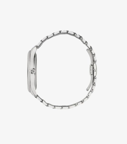Gucci G-Timeless YA1264153 Women's Silver Stainless Steel Watch – Side Profile View Showing Fluted Coin-Edge Bezel, Push-Pull Crown, Five-Row Link Bracelet and Fold-Over Deployant Clasp