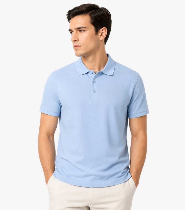 Burberry men's light blue cotton pique polo shirt front view